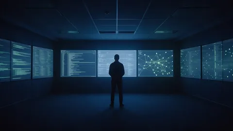 Salle de supervision plongée dans le bleu nuit, métaphore de la gouvernance des agents IA en entreprise