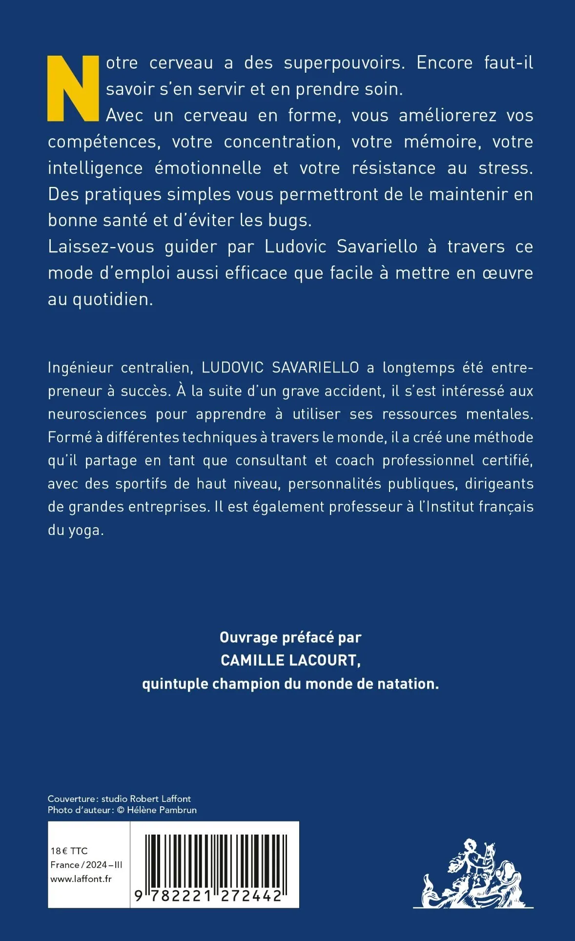 Quatrième de couverture du livre, avec le résumé et la préface de Camille Lacourt