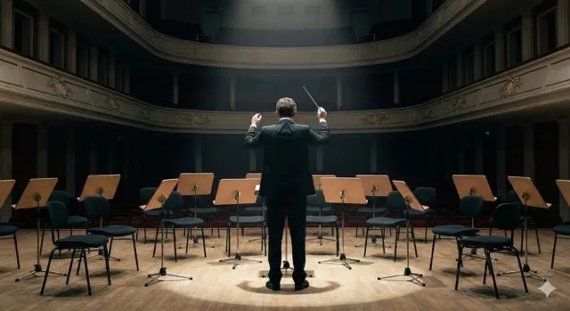 Un chef d'orchestre donnant la direction, symbolisant la nouvelle posture du dirigeant pour lever le frein à la croissance.